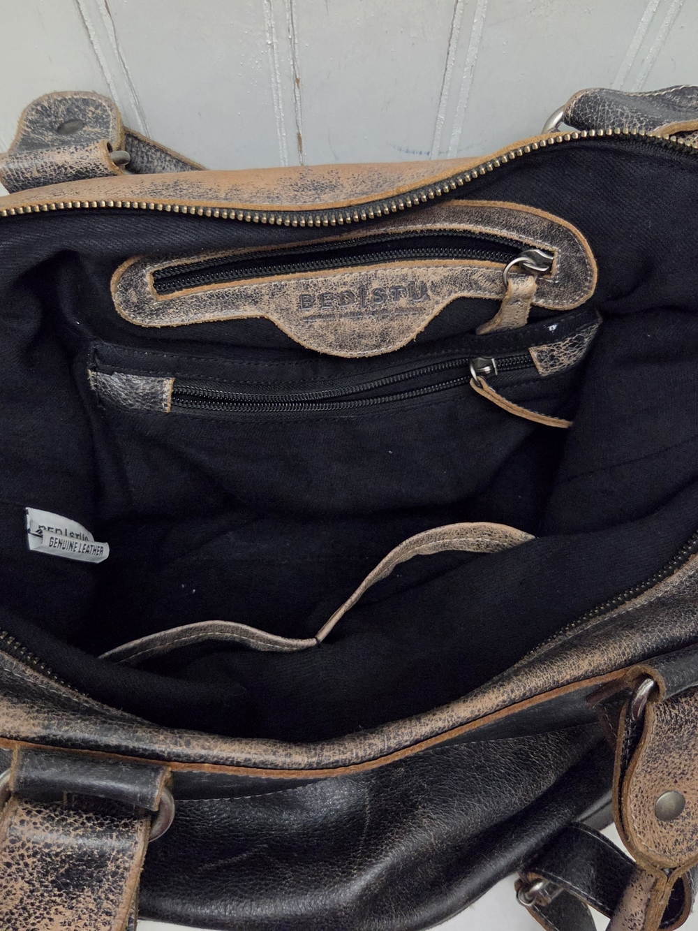 Bed Stu Big Fork Distressed Two-Tone Brown Leather Shoulder Bag Purse - Picture 6 of 16